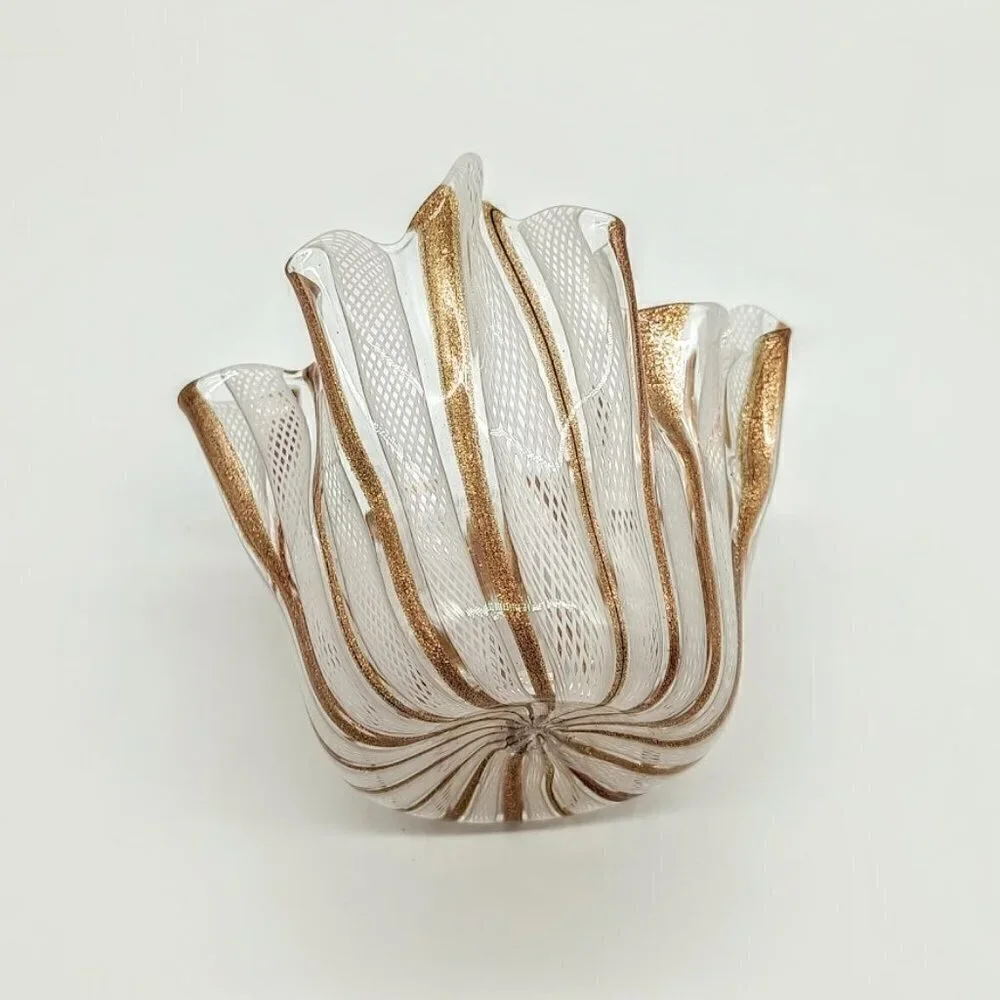 Murano Copper Aventurine White Latticino Handkerchief Glass Candle Holder